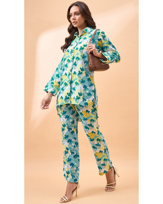 Palm Print Green Co-Ord Set with Shirt & Pants