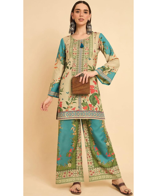 Beige & Teal Floral Printed Kurta Set with Palazzo Pants