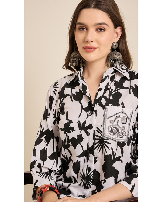 Elegant Black & White Printed Shirt & Pant Co-Ord Set