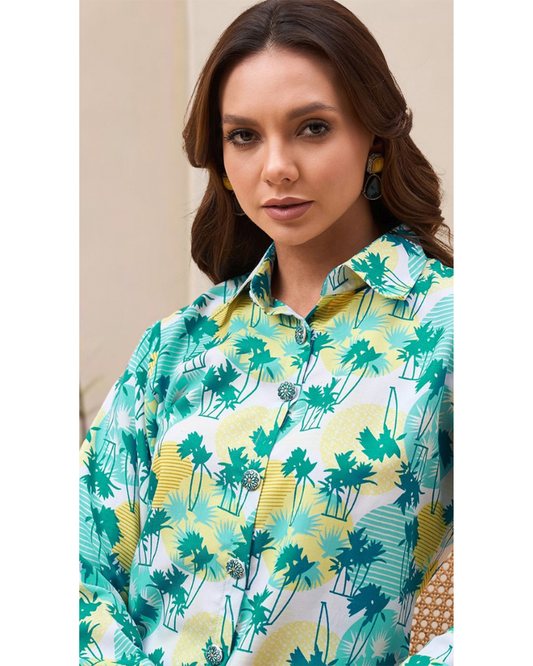 Palm Print Green Co-Ord Set with Shirt & Pants
