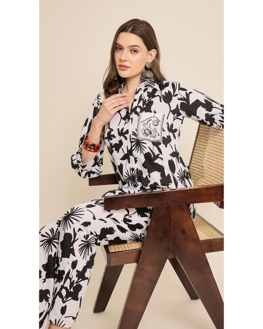 Elegant Black & White Printed Shirt & Pant Co-Ord Set