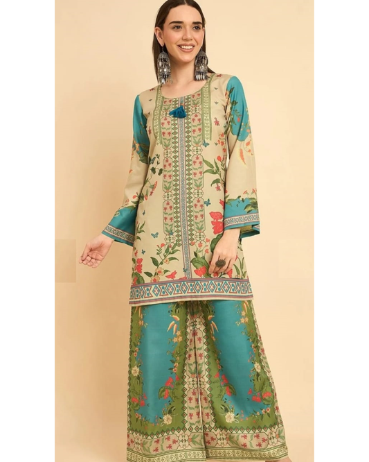 Beige & Teal Floral Printed Kurta Set with Palazzo Pants