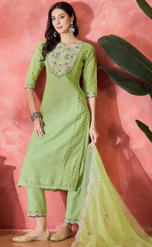 Green Embroidered Kurta Pant Set with Organza Dupatta – Women Ethnic Wear
