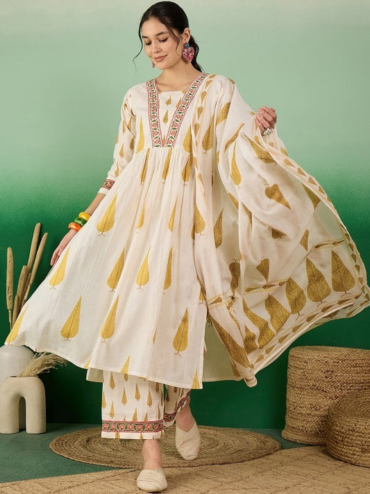 Ivory Leaf Print Anarkali Kurta Set with Dupatta