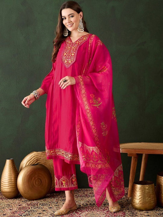 Rani Pink Embroidered Kurta Set with Dupatta