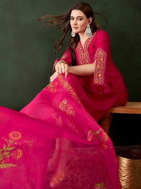 Rani Pink Embroidered Kurta Set with Dupatta