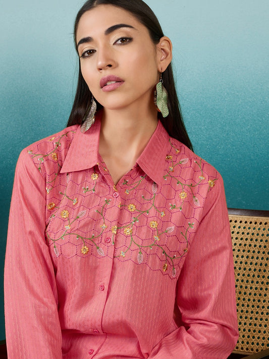 Rose Pink Embroidered Cotton Co-Ord Set for Women | Shirt Top & Pant Set