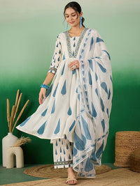 Ivory Leaf Print Anarkali Kurta Set with Dupatta