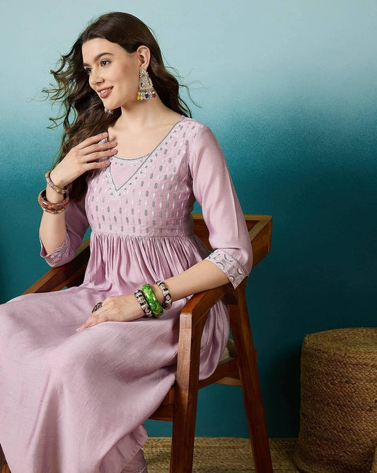 Mauve Printed Anarkali Kurta Set with Straight Pants
